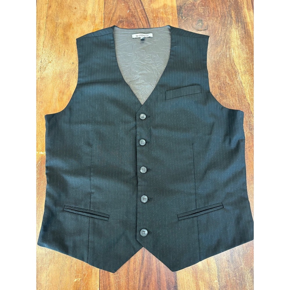 Vtg Le Chateau black grey pinstripe Button Front City Fit Waistcoat Mens' sz Sm